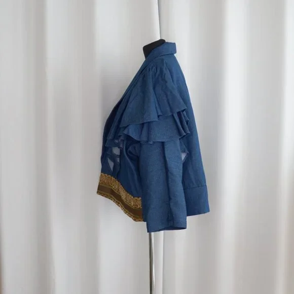 Handmade One of a Kind Denim Asymmetric Handpainted Ruffle Jacket Sz S-L - Picture 3 of 6